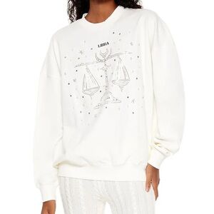 Beaded Rhinestone LIBRA Embroider White Crewneck Long Sleeve Pullover Sweater Z